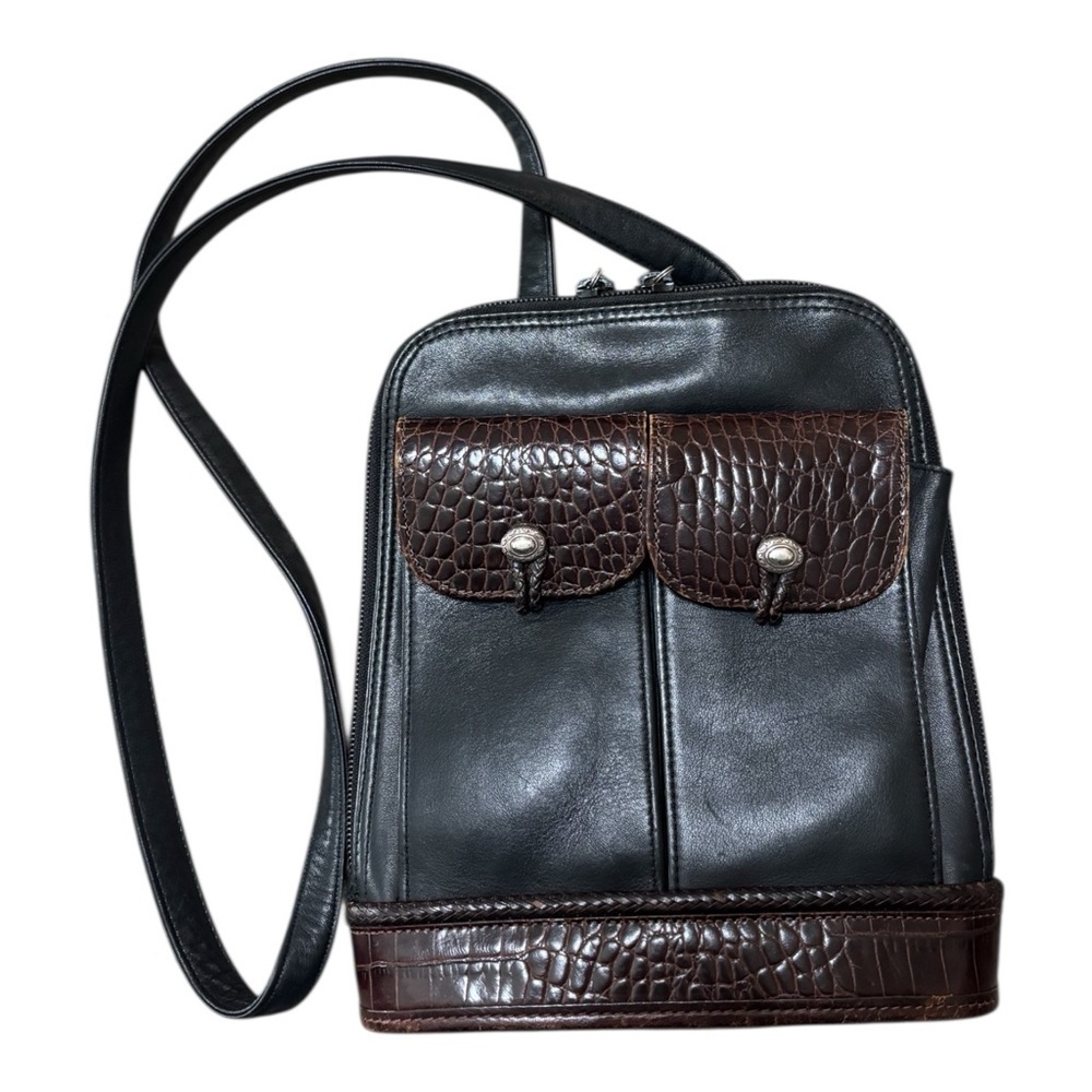Brighton Brown & Black Croc Embossed Accent Leather Crossbody Purse Handbag